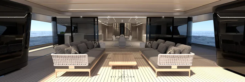  Yacht Photos Pics Luxurious 2025 Mazarin Globemaster yacht interior with elegant seating and ocean view.