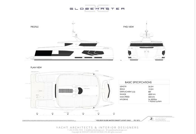  Yacht Photos Pics Blueprint of 2025 Mazarin Globemaster yacht, showcasing profile, plan, and front views with specifications.