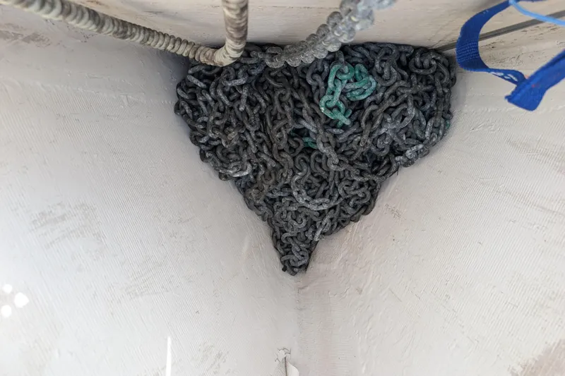 Uno Mas Yacht Photos Pics Anchor chain storage in 2021 Catalina 315 sailboat compartment.