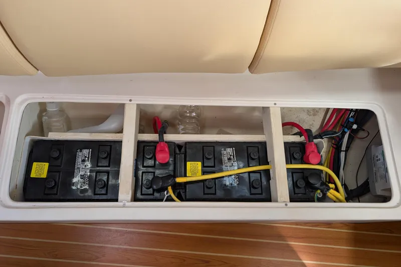 Uno Mas Yacht Photos Pics Battery compartment of a 2021 Catalina 315 boat.