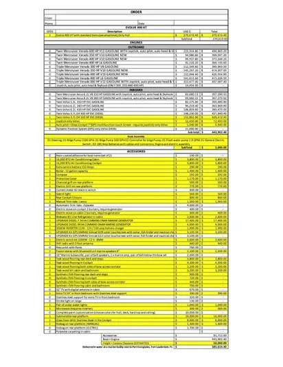  Yacht Photos Pics Spreadsheet with highlighted rows, Evolve 400HT 2022 model data.