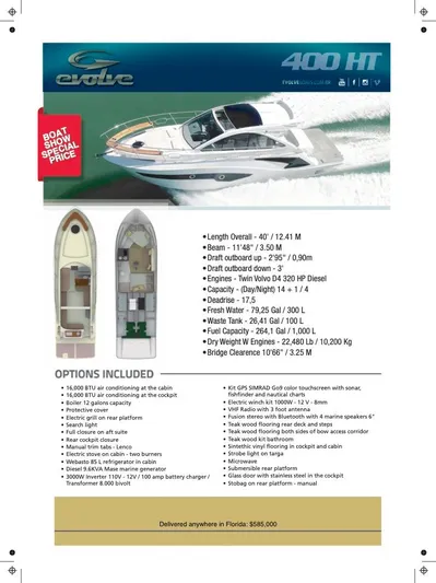  Yacht Photos Pics Evolve 400HT 2022 boat brochure with specifications and special price offer.