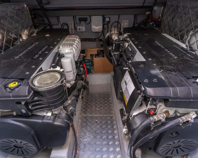  Yacht Photos Pics Engine room of 2023 Fiart SEAWALKER 43 with dual Volvo Penta engines.