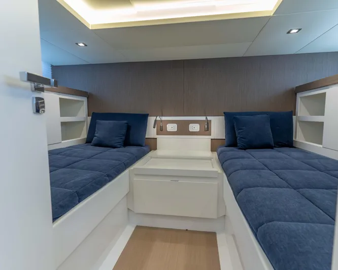  Yacht Photos Pics Luxurious cabin interior of 2023 Fiart SEAWALKER 43 with twin beds and modern design.