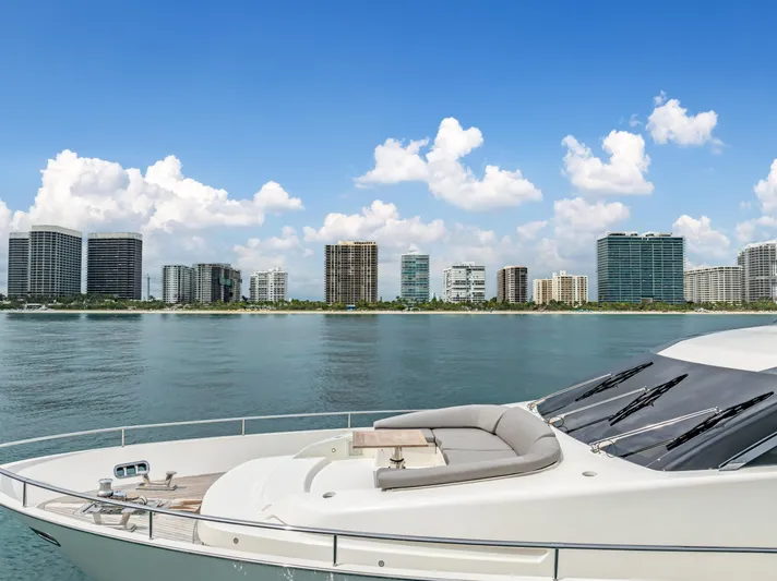 Sand Yacht Photos Pics Sanlorenzo SL78 yacht, 2018 model, cruising near modern city skyline under blue skies.