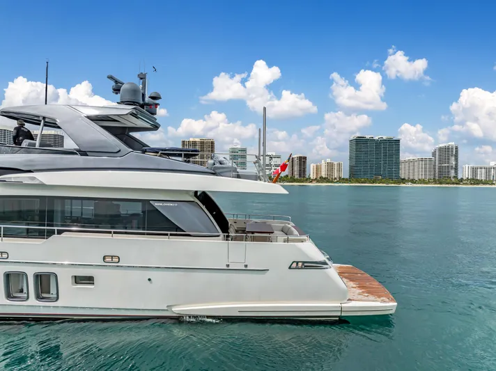 Sand Yacht Photos Pics Sanlorenzo SL78 2018 yacht on calm water with city skyline in background.