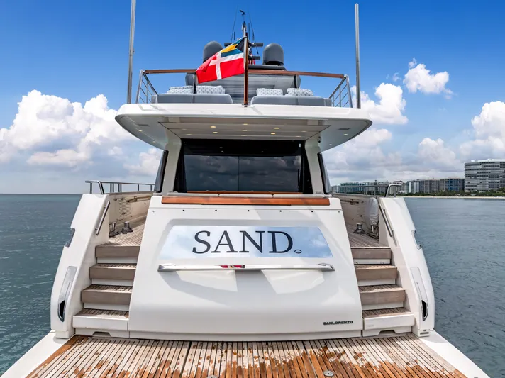 Sand Yacht Photos Pics Sanlorenzo SL78 2018 yacht, rear view, docked with clear sky and water backdrop.