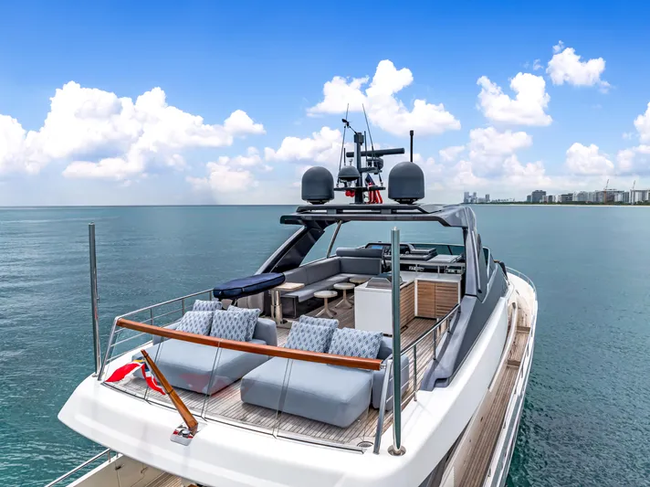 Sand Yacht Photos Pics Luxurious 2018 Sanlorenzo SL78 yacht on serene ocean with modern deck seating.
