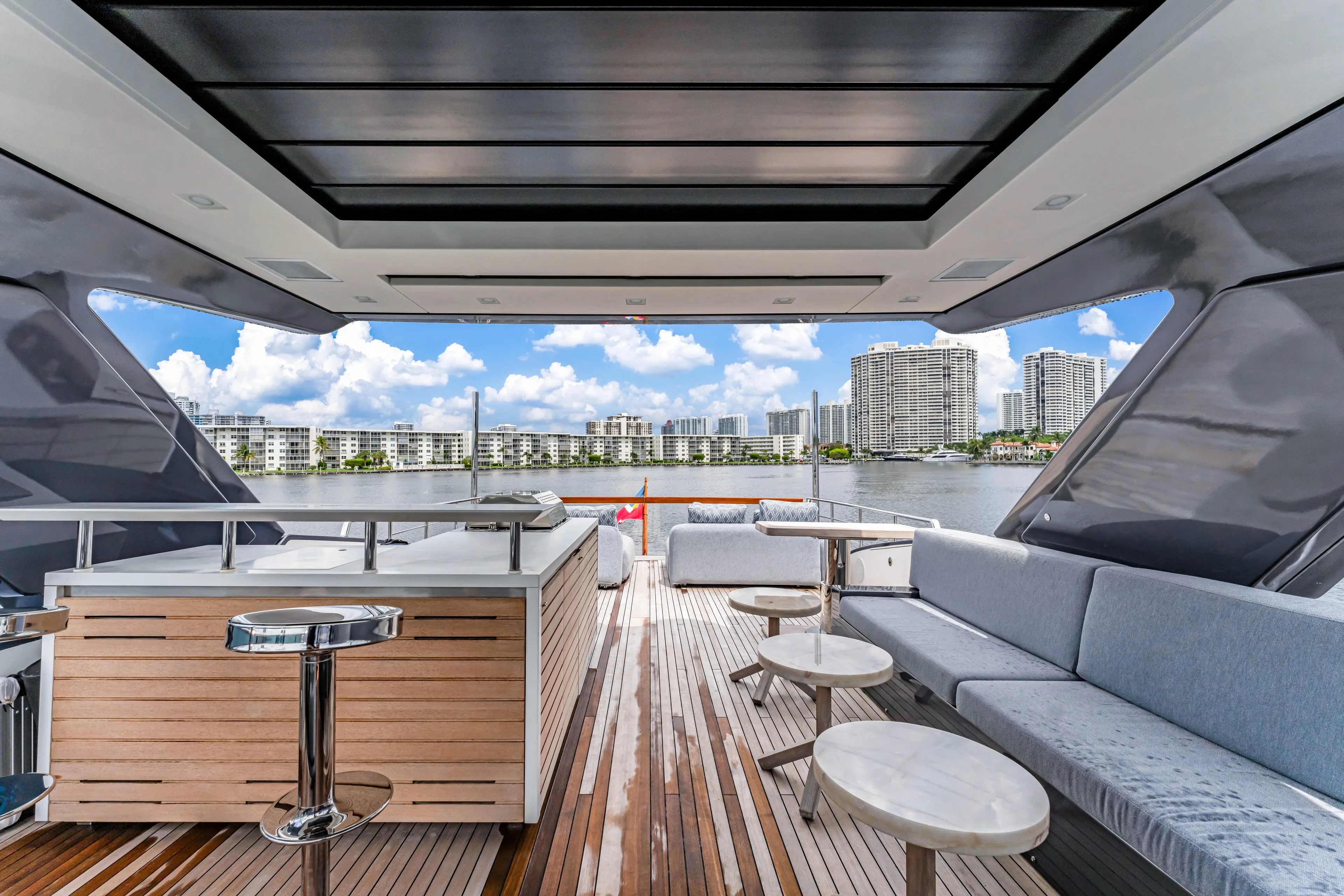 Sand Yacht Photos Pics Luxurious 2018 Sanlorenzo SL78 yacht interior with modern seating and scenic waterfront view.