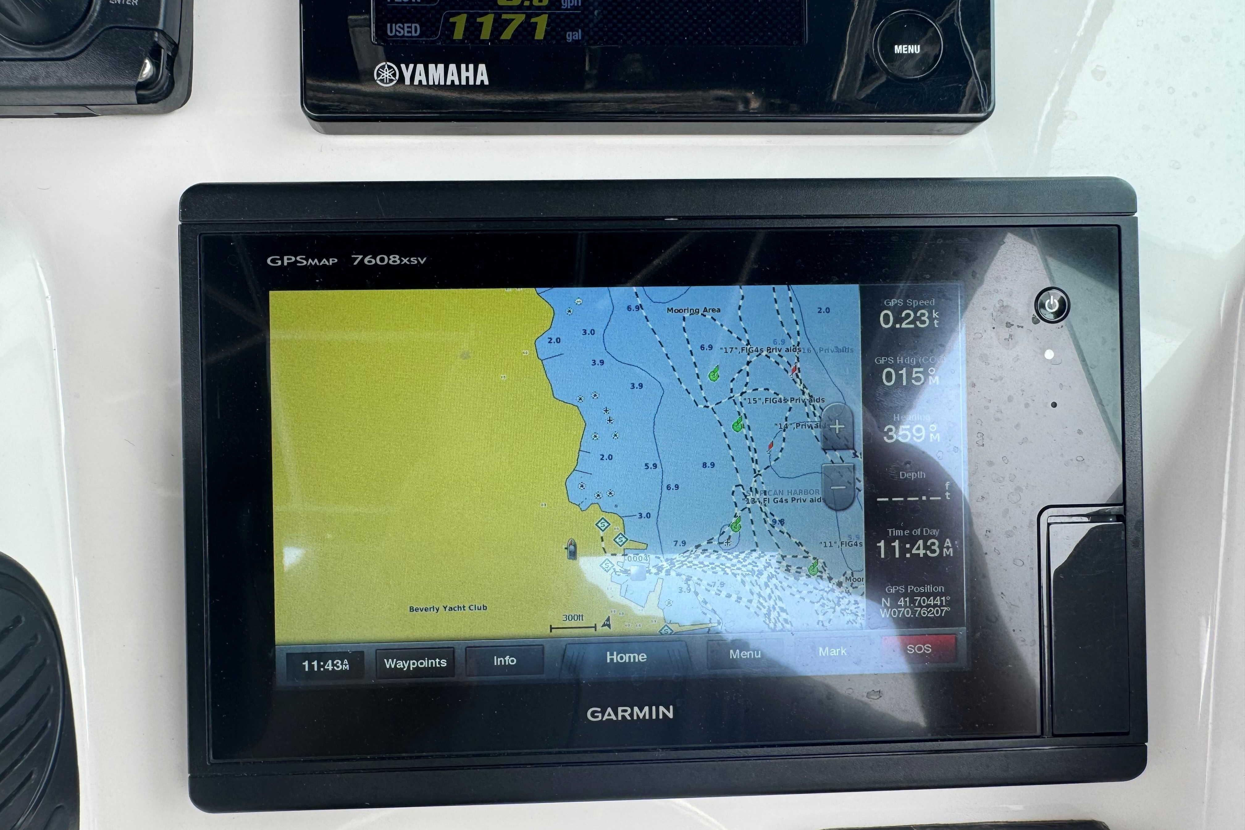 Garmin GPS display on 2016 Protector 30 Center Console boat dashboard.