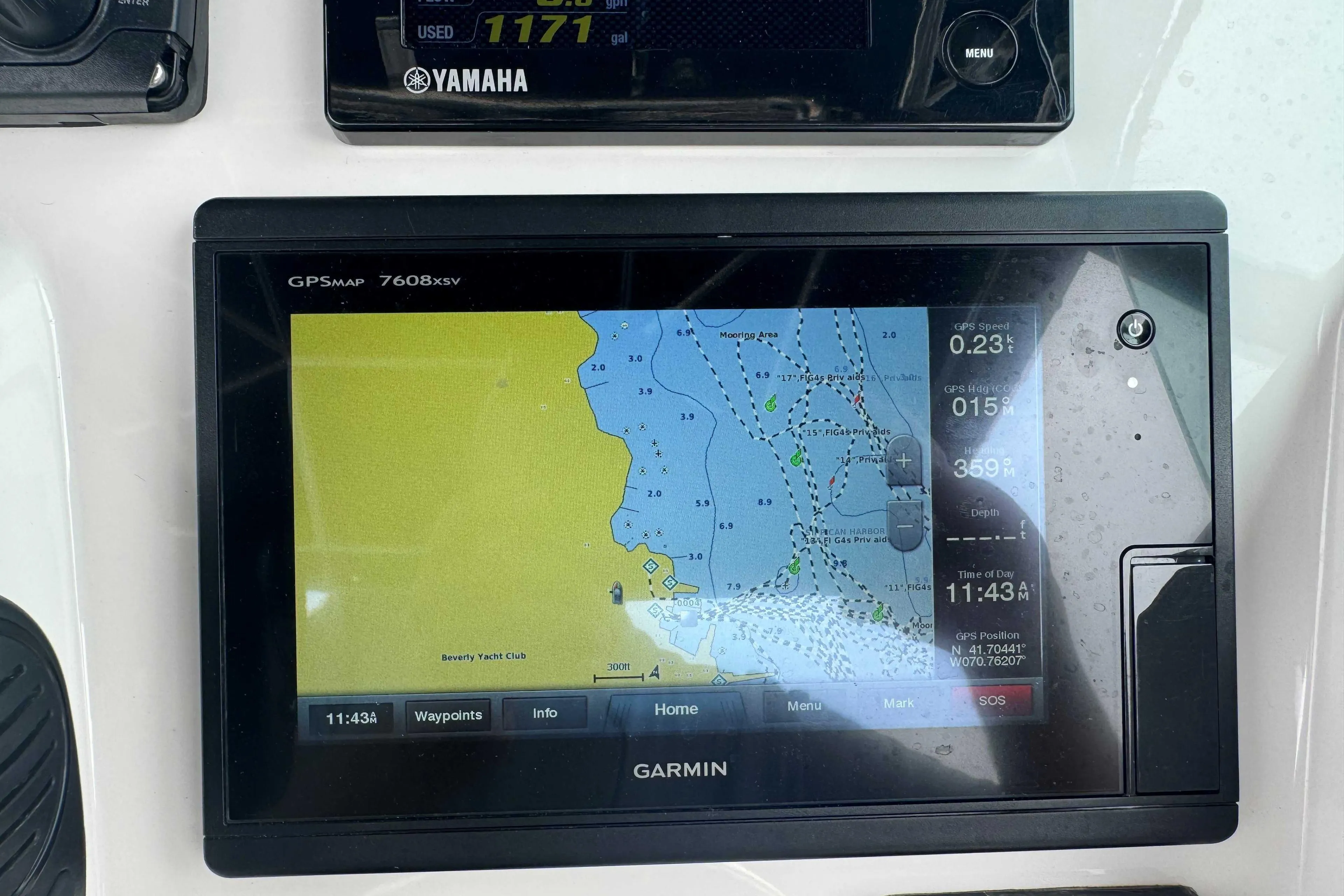 Garmin GPS display on 2016 Protector 30 Center Console boat dashboard.