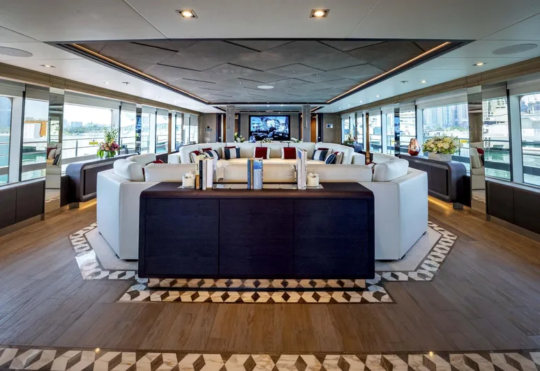 Available 2026 Yacht Photos Pics Luxurious interior of 2026 Majesty 175 yacht with elegant seating and modern decor.