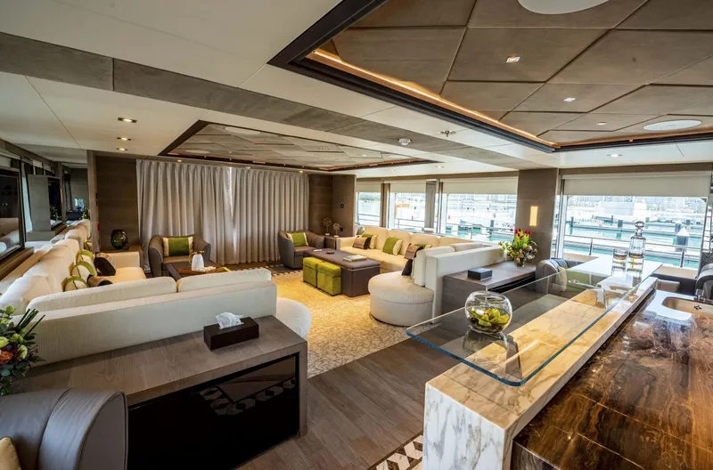 Available 2026 Yacht Photos Pics Luxurious interior of 2026 Majesty 175 yacht with elegant seating and modern decor.