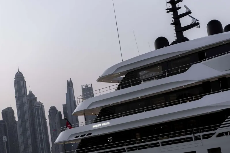 Available 2026 Yacht Photos Pics Luxury Majesty 175 yacht in city skyline, 2026 model.