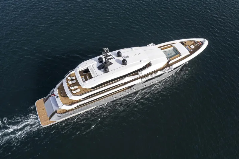 Available 2026 Yacht Photos Pics Aerial view of 2026 Majesty 175 yacht cruising on open water.