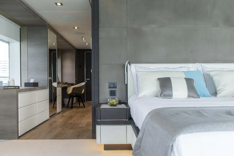 Available 2026 Yacht Photos Pics Luxurious bedroom interior on 2026 Majesty 175 yacht, featuring modern design and elegant furnishings.