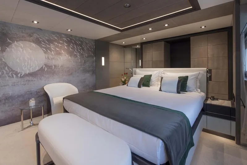 Available 2026 Yacht Photos Pics Luxurious bedroom interior on 2026 Majesty 175 yacht, featuring modern design and elegant decor.