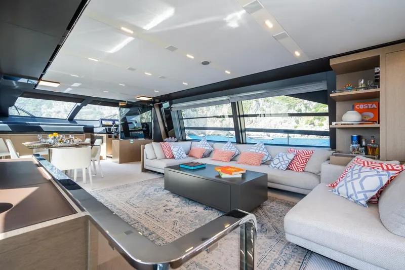 Kar Yacht Photos Pics Luxurious interior of 2021 Riva 88 Folgore yacht with modern decor and large windows.
