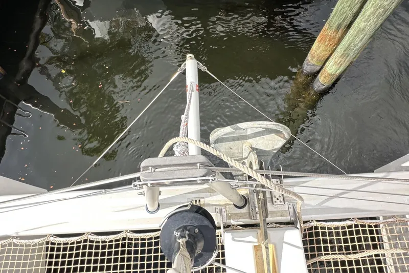 Keola Yacht Photos Pics Top view of 2022 Lagoon 40 catamaran bow with anchor and ropes.