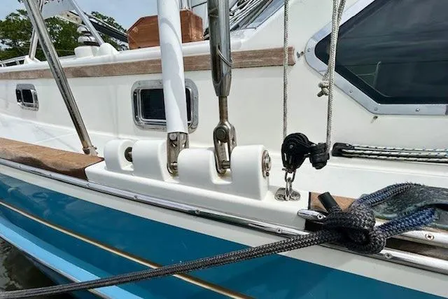Blue Moon Yacht Photos Pics 2016 Gozzard 41 RC sailboat deck with rigging and blue hull detail.