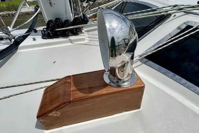 Blue Moon Yacht Photos Pics Chrome vent on 2016 Gozzard 41 RC yacht deck with wooden base.