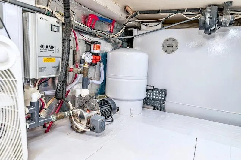 Obsidian Yacht Photos Pics Engine room of 1991 Ocean Yachts 53 Super Sport with equipment and wiring.