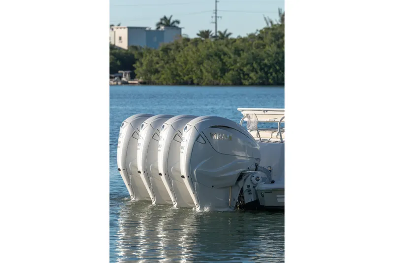 Liberado Yacht Photos Pics Four Yamaha outboard engines on a 2018 HCB 53 Suenos RXV boat in water.