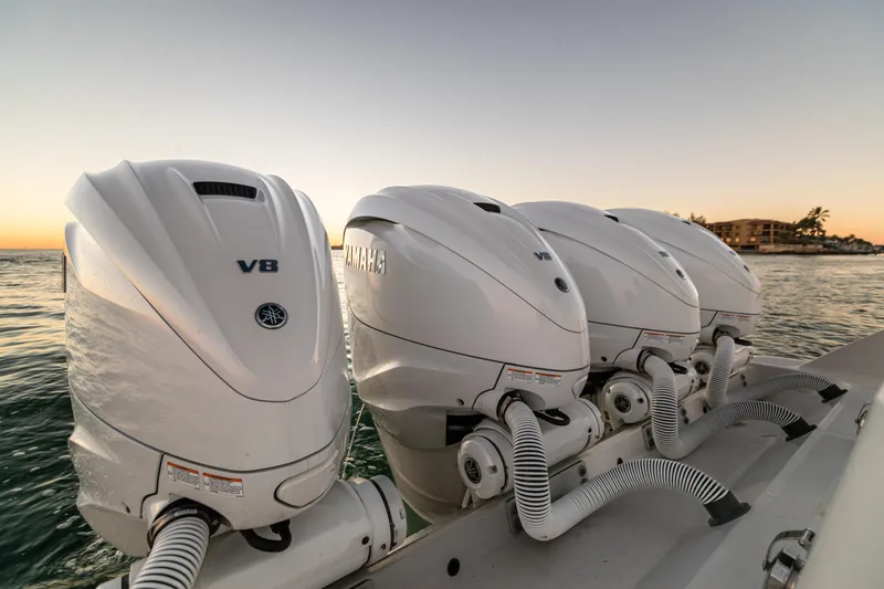 Liberado Yacht Photos Pics Four Yamaha V8 outboard engines on a 2018 HCB 53 Suenos RXV at sunset.
