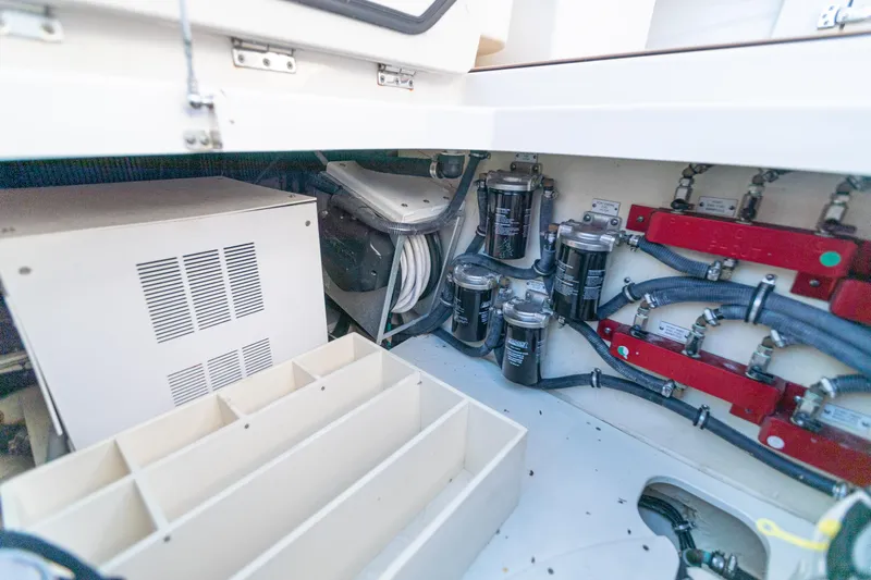 Liberado Yacht Photos Pics Engine compartment of 2018 HCB 53 Suenos RXV with filters and wiring.