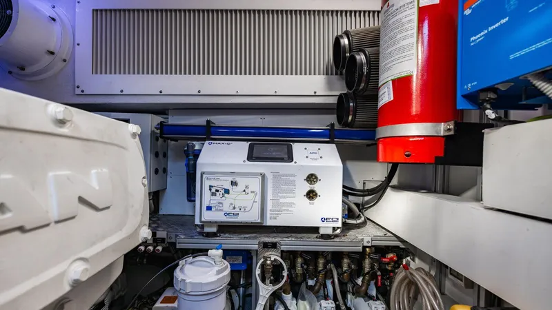 Unreel Yacht Photos Pics Engine room of 2023 Pershing 7X yacht, featuring advanced equipment and fire safety system.