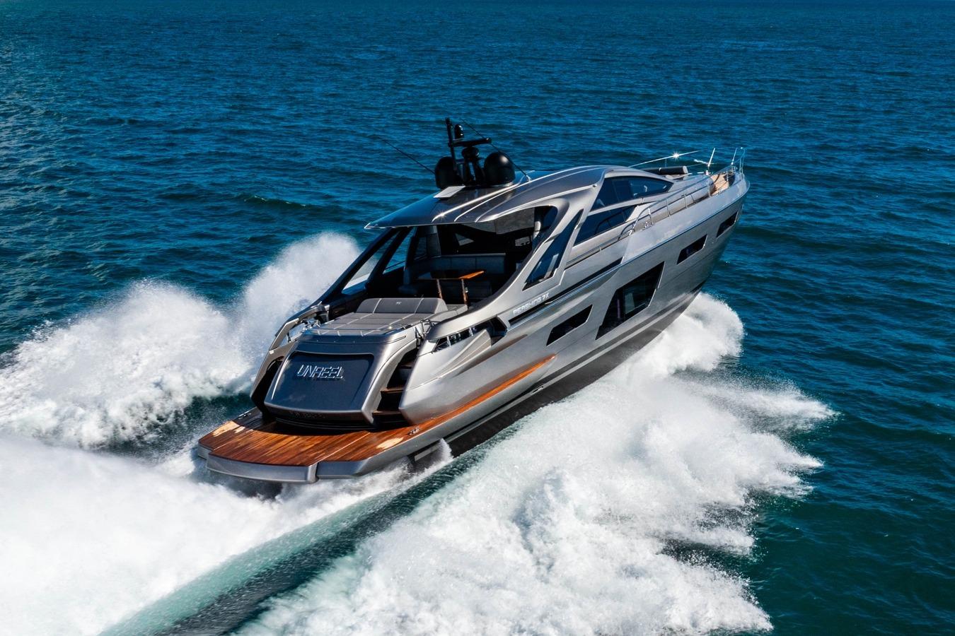 2023 Pershing 7X yacht cruising swiftly on open ocean waters.