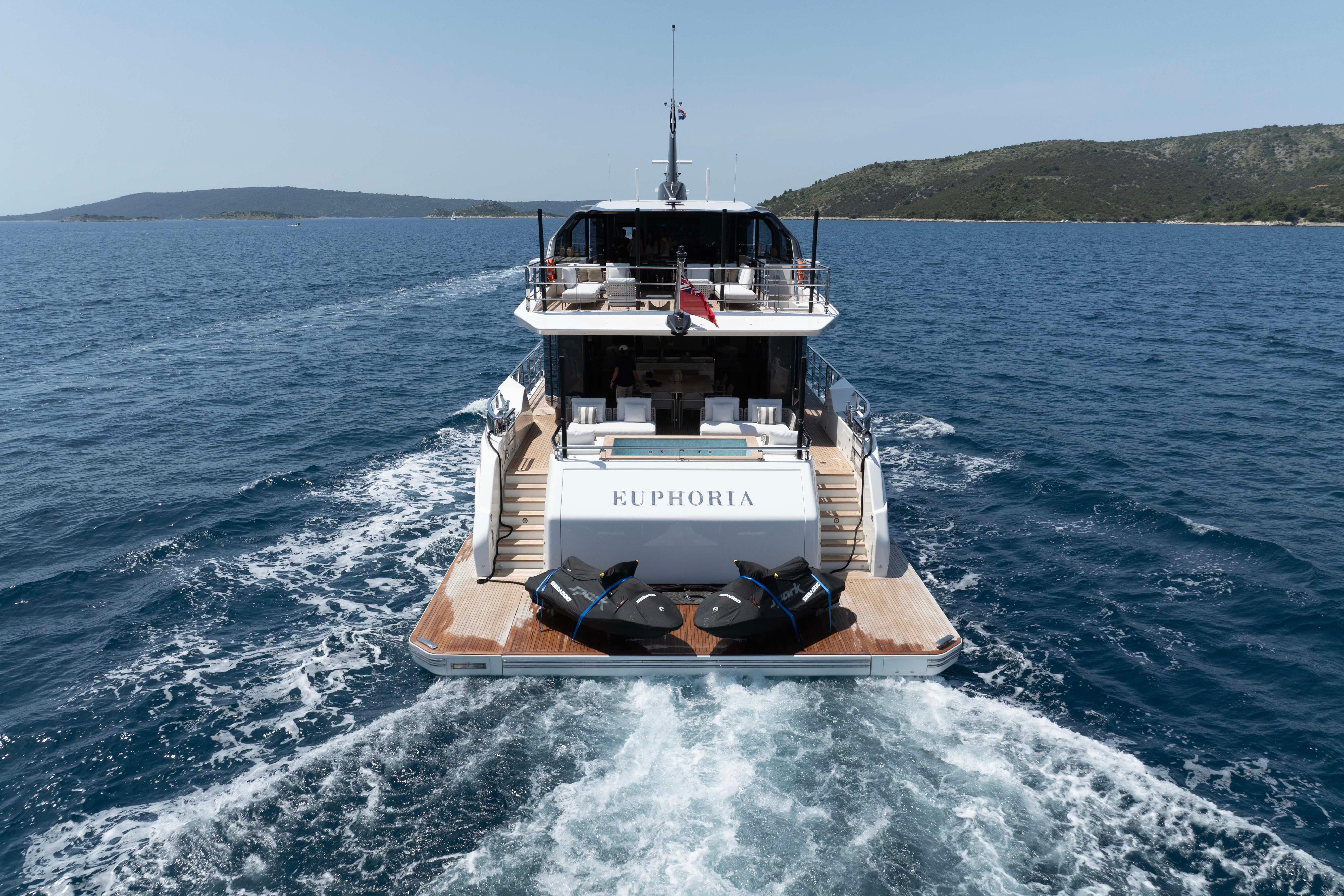 Luxury yacht "Euphoria" cruising, Alpha 100 Squalo Co Ownership, 2025 model, on open sea.