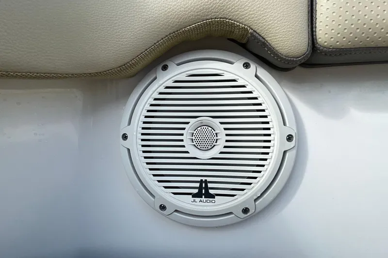 Lady B Yacht Photos Pics JL Audio speaker on 2019 Pursuit DC 365 Dual Console boat interior.