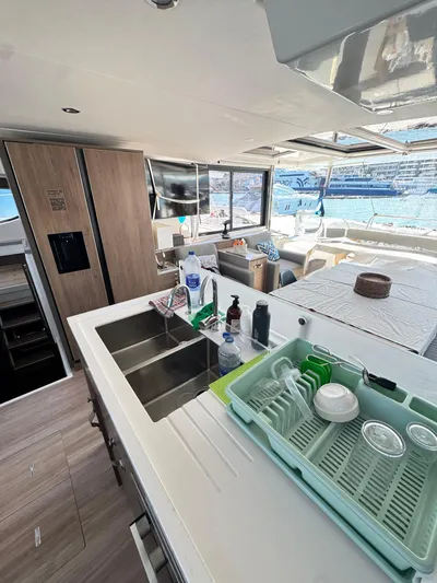 Nia Yacht Photos Pics Modern kitchen interior on 2022 Bali 4.6 yacht with ocean view.