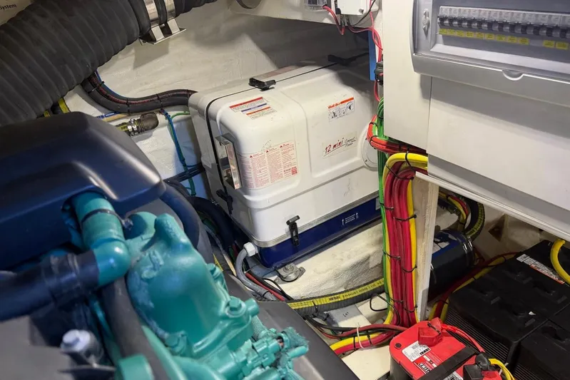 Dream Yacht Photos Pics Engine room of 2019 Galeon 470 Sky yacht with wiring and equipment.