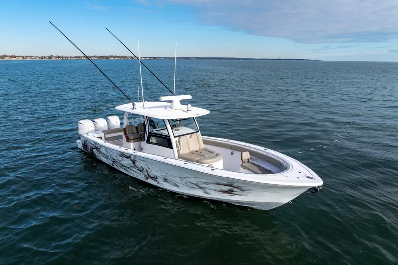 What A County Yacht Photos Pics 2022 Sportsman Open 352 Center Console boat on calm ocean waters.
