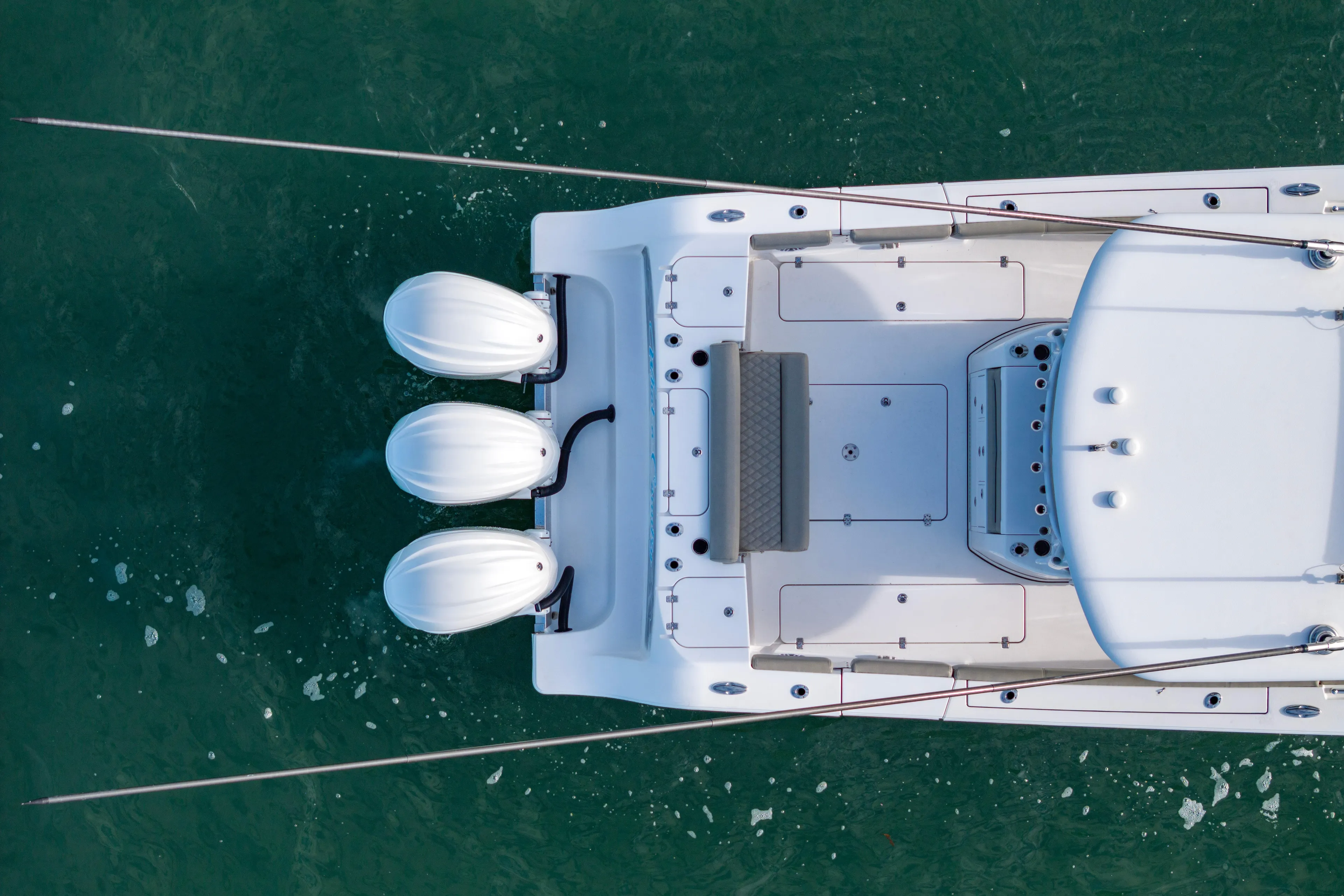 What A County Yacht Photos Pics Aerial view of 2022 Sportsman Open 352 Center Console boat on water.