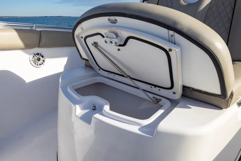 What A County Yacht Photos Pics 2022 Sportsman Open 352 Center Console storage compartment detail.