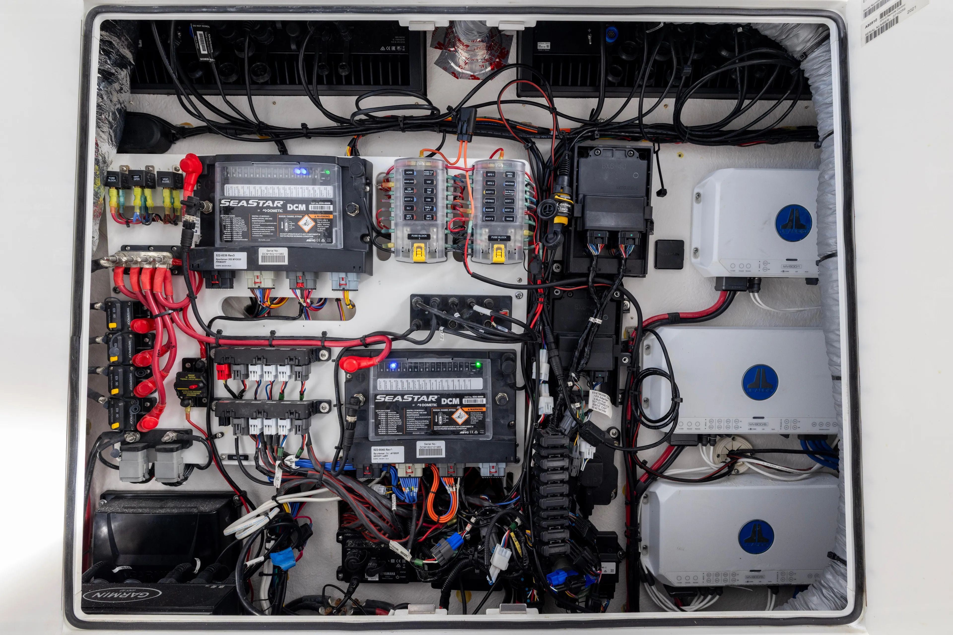What A County Yacht Photos Pics 2022 Sportsman Open 352 Center Console electrical system with SeaStar components and wiring.