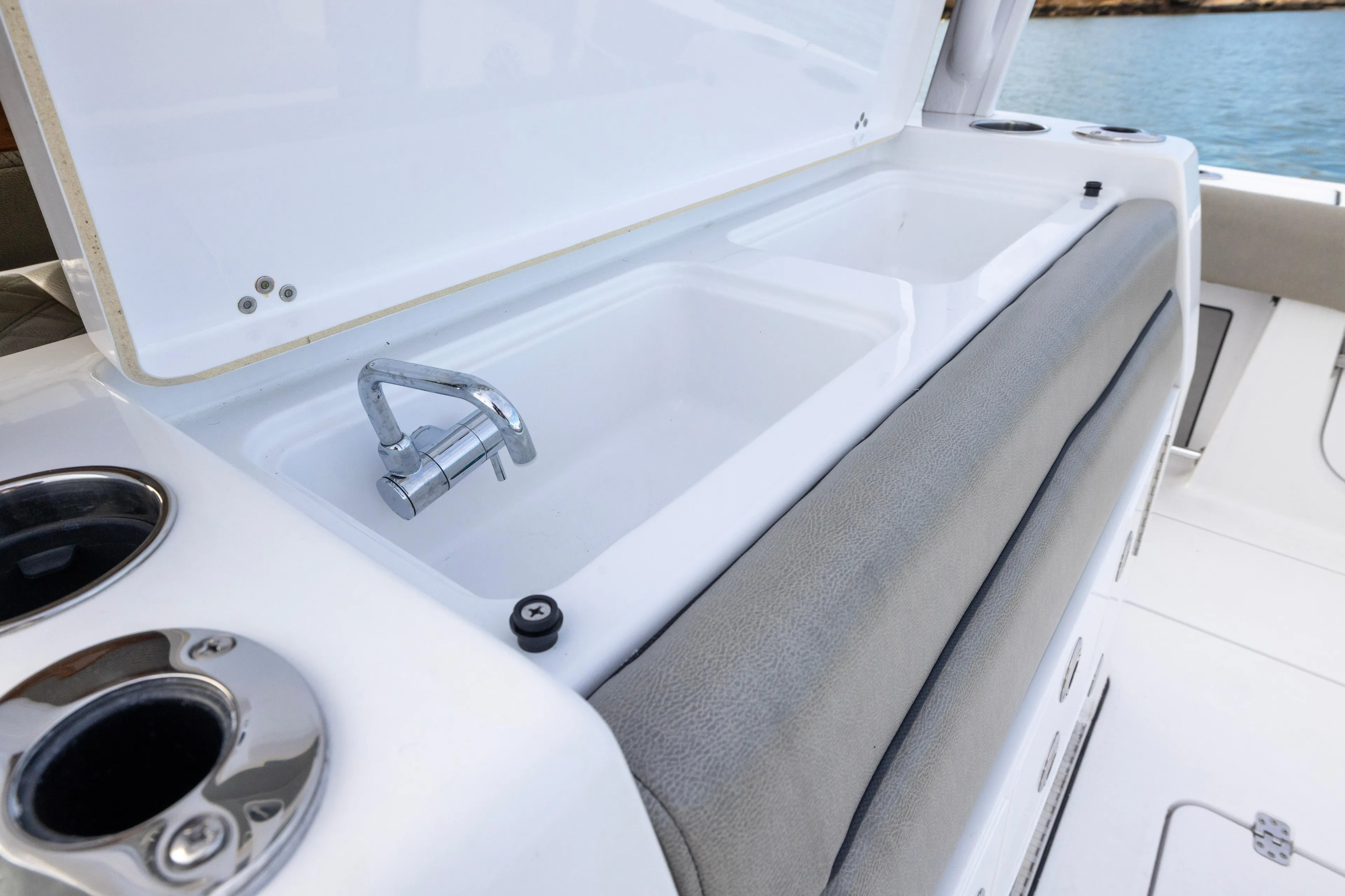 What A County Yacht Photos Pics 2022 Sportsman Open 352 Center Console boat sink and faucet detail.