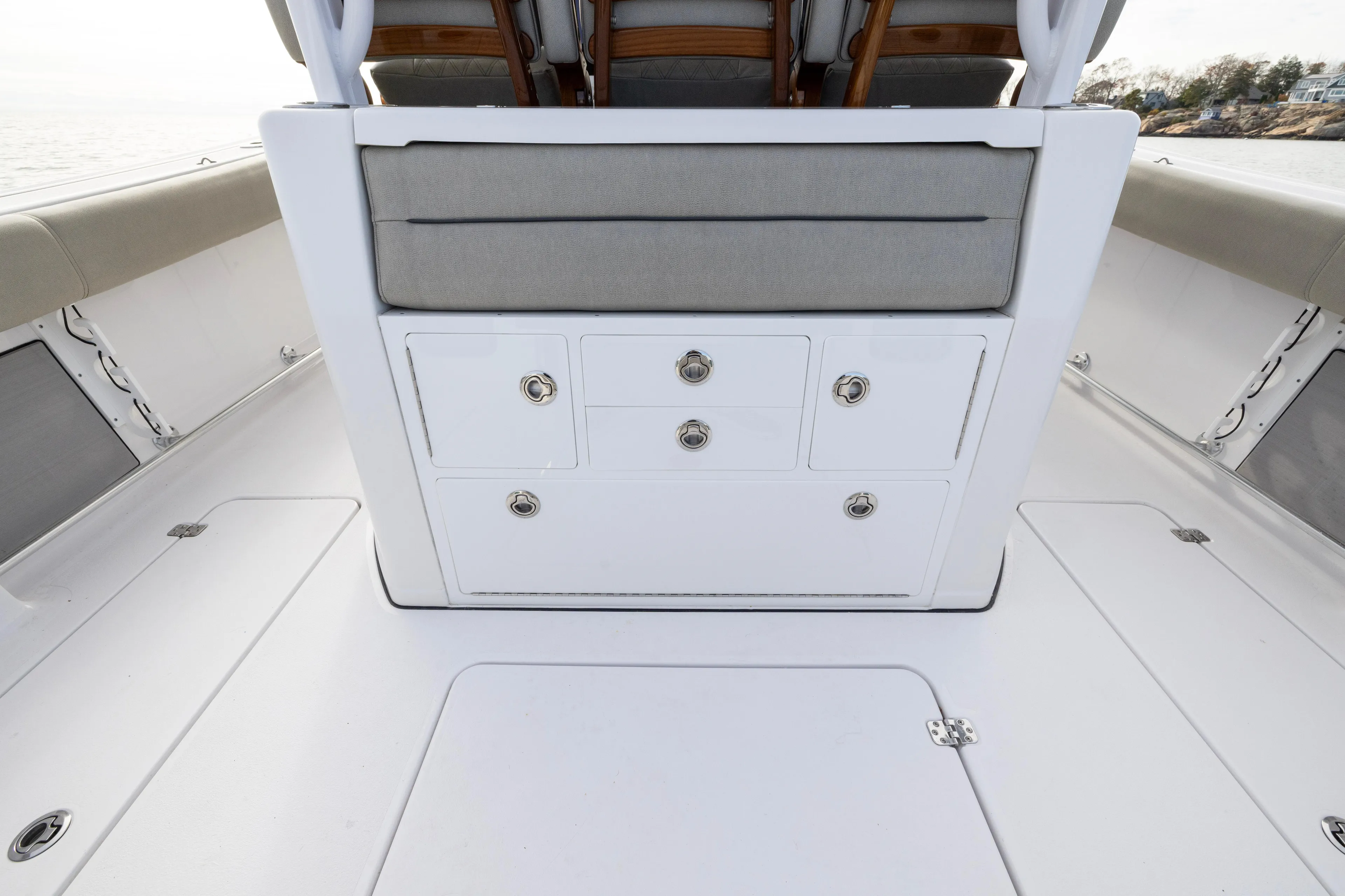 What A County Yacht Photos Pics 2022 Sportsman Open 352 Center Console interior with storage compartments and seating.