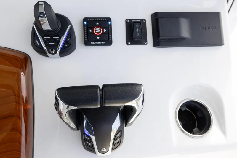 What A County Yacht Photos Pics Control panel of 2022 Sportsman Open 352 Center Console boat with joystick and Seakeeper display.