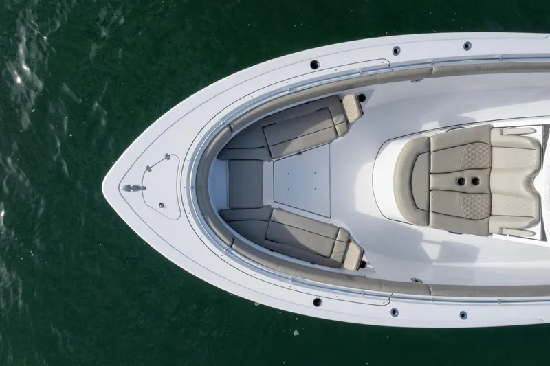 What A County Yacht Photos Pics Top view of 2022 Sportsman Open 352 Center Console boat on water.