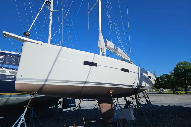  Yacht Photos Pics 2023 Viko Yachts S35 sailboat on stands under clear blue sky.