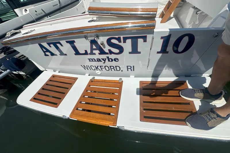 At Last 10 Yacht Photos Pics 2017 Fortier F-30 Hardtop boat with "At Last 10" name, docked in Wickford, RI.
