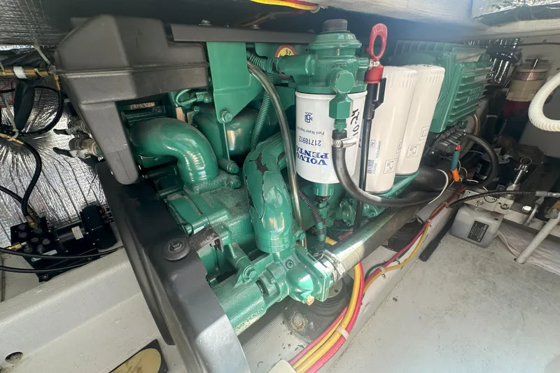 At Last 10 Yacht Photos Pics Engine compartment of a 2017 Fortier F-30 Hardtop boat, featuring a Volvo Penta engine.