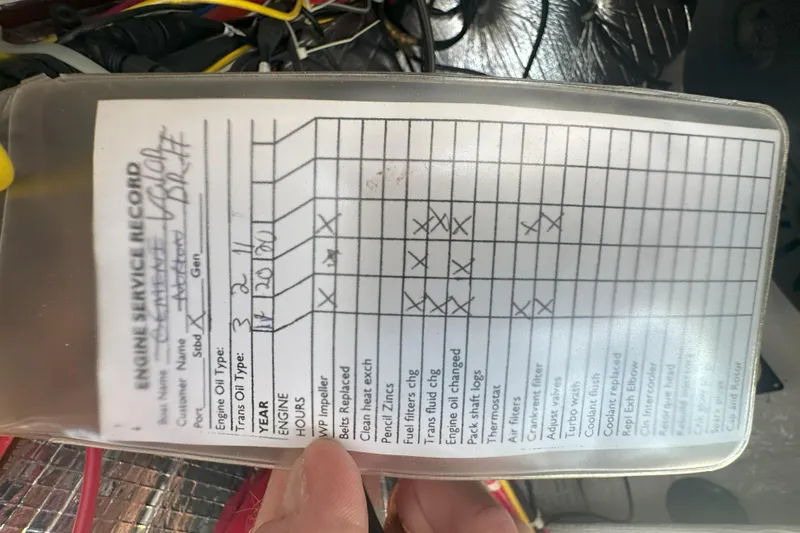 At Last 10 Yacht Photos Pics Engine service record for 2017 Fortier F-30 Hardtop, showing maintenance checklist and details.