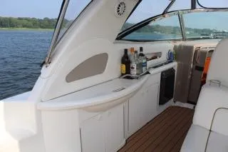  Yacht Photos Pics 2000 Sea Ray Sundancer interior with bar setup, overlooking serene water and lush greenery.