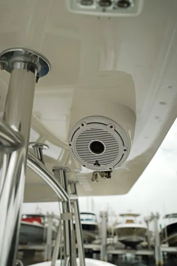  Yacht Photos Pics 2023 Contender 39 ST boat speaker and canopy detail at marina.