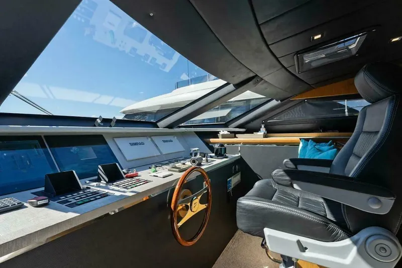  Yacht Photos Pics Luxurious helm of 2006 Tecnomar 35 Nadara yacht with modern controls and leather seating.